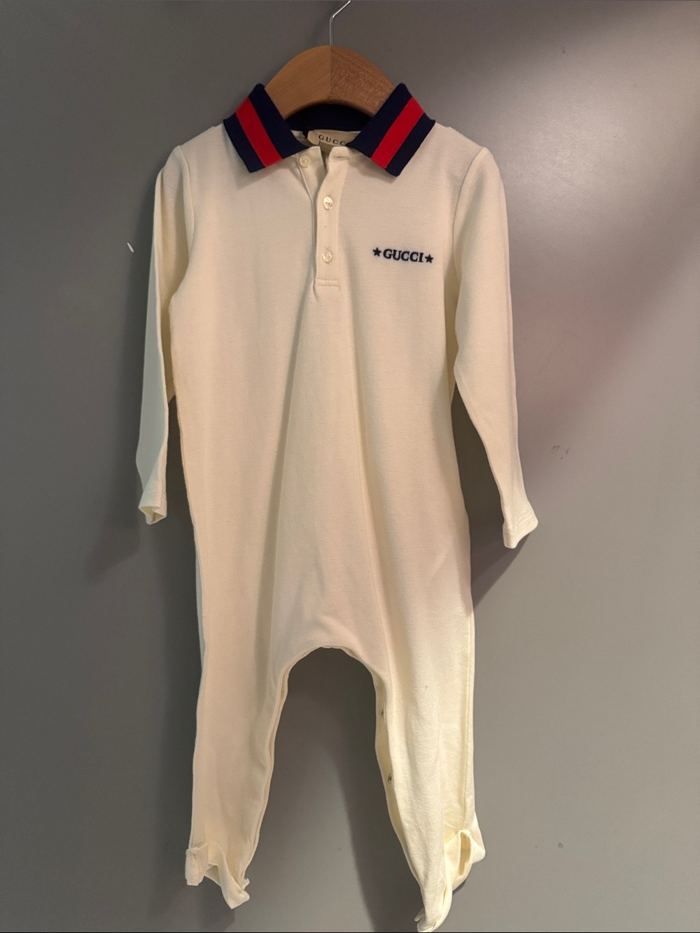 Gucci Cream Baby Polo Footie with Navy & Red Collar